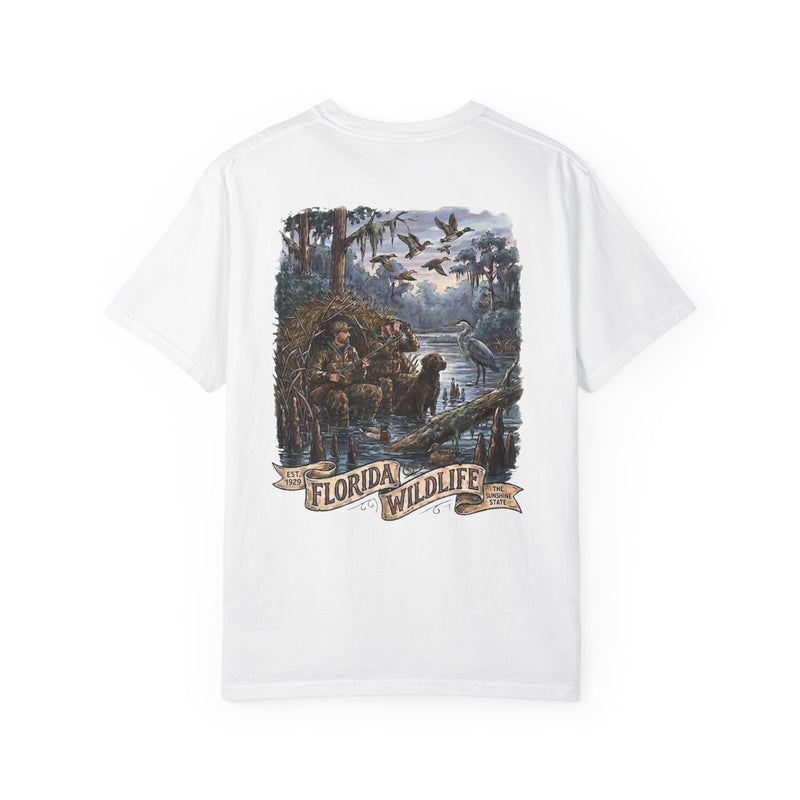 Florida Wildlife Graphic T-Shirt — Duck Hunting Scene with 'Florida Wildlife' Banner